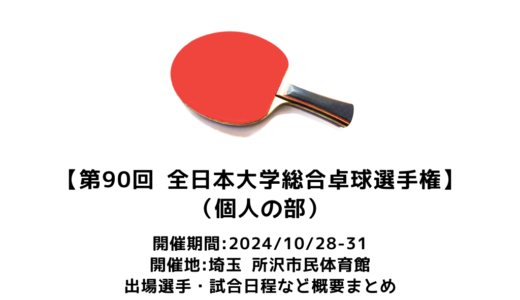 【卓球 第90回全日本大学総合卓球選手権大会　個人の部：概要】2024/10/28(月)開幕！出場選手・試合日程・放映情報まとめ