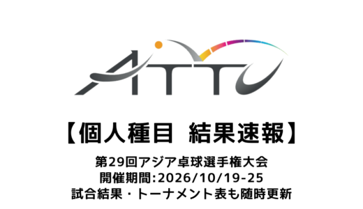 第29回アジア卓球選手権大会 個人種目 結果速報：試合予定・トーナメント表・アーカイブ動画情報あり
